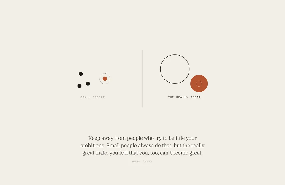 &ldquo;Keep away from people who try to belittle your ambitions. Small people always do that, but the really great make you feel that you, too, can become great.&rdquo; Mark Twain